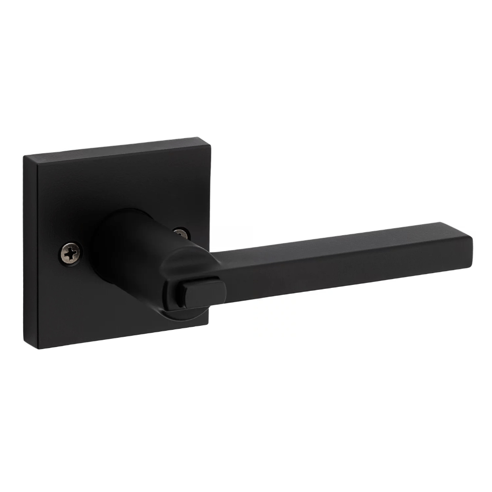 Kwikset Halifax square door lever in iron black finish with SmartKey security for residential entry locks.