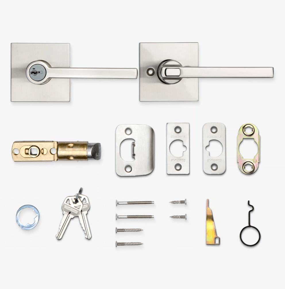 Kwikset Halifax square design entry door lever lock with SmartKey security in satin nickel finish, includes hardware.
