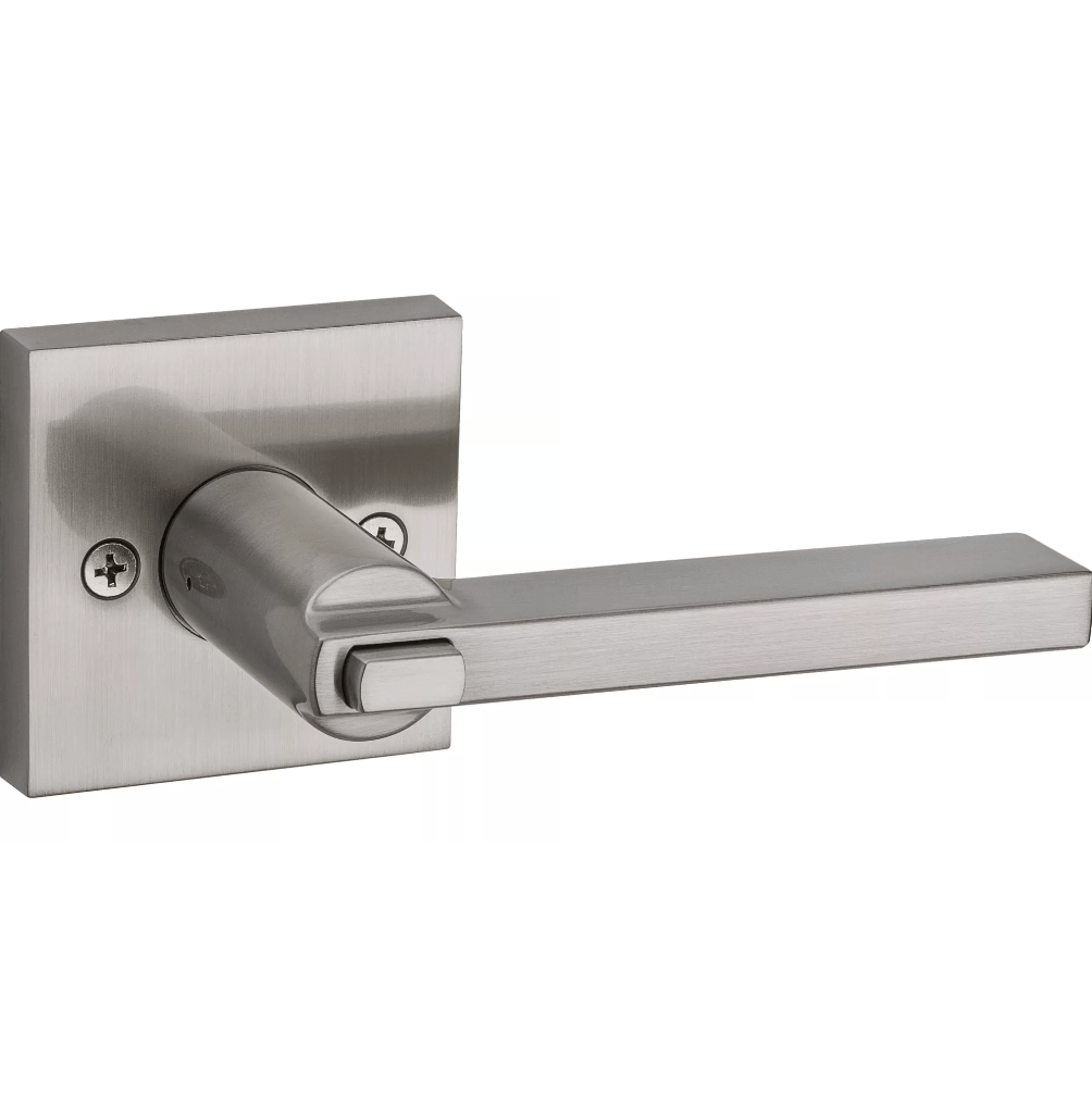 Kwikset Halifax square design entry door lever lock in satin nickel finish with SmartKey security features.