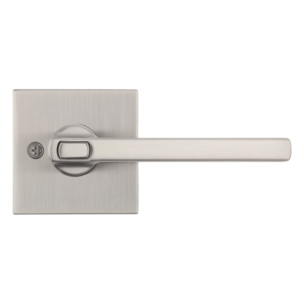 Kwikset Halifax square design entry door lever in satin nickel finish with SmartKey security features.