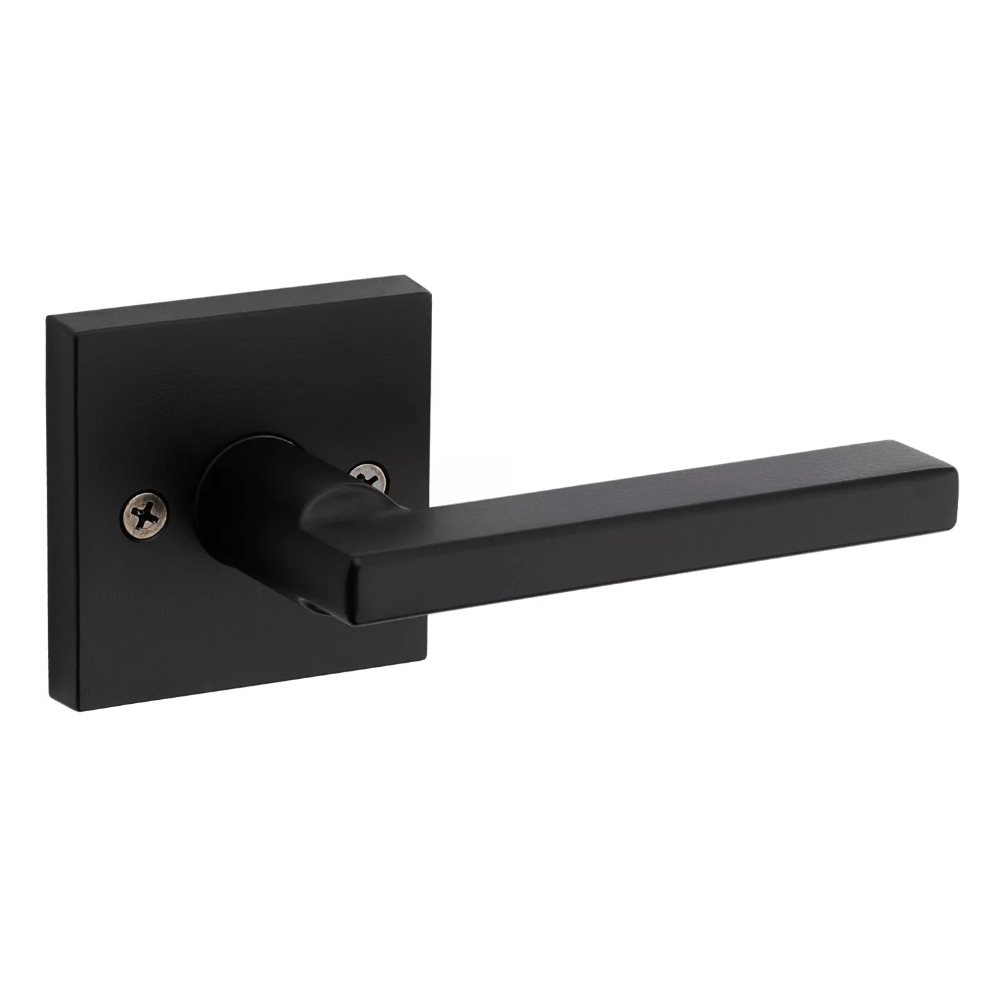 Kwikset Halifax square non-locking passage door lever in iron black finish, sold individually for residential use.