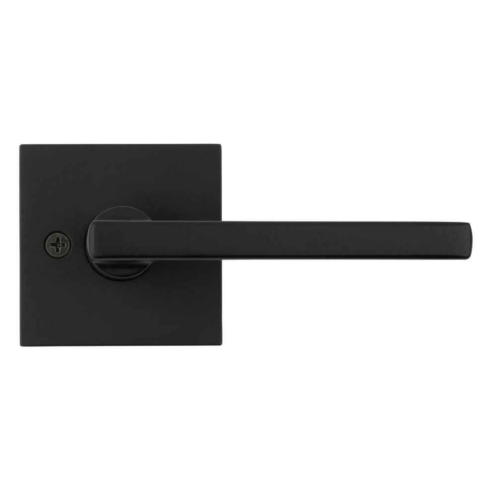 Kwikset Halifax square non-locking passage door lever in iron black finish, sold individually for residential use.