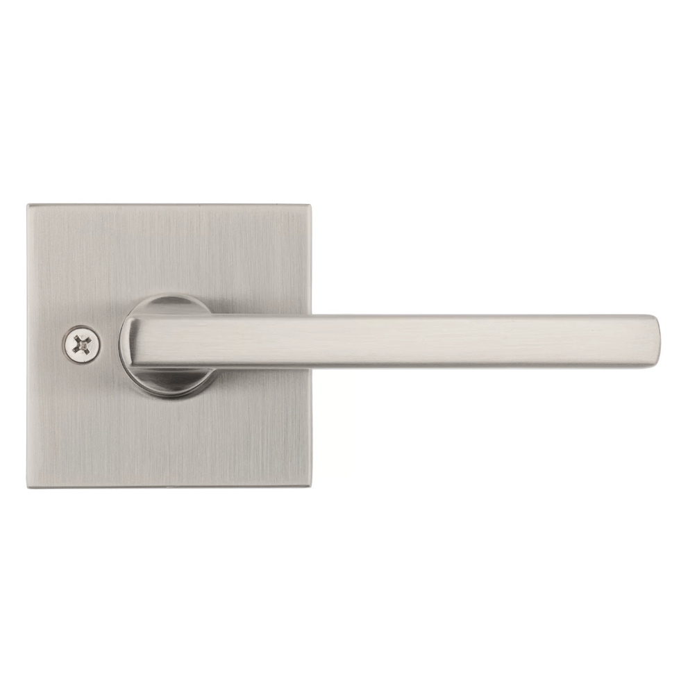 Satin nickel non-locking passage door lever in Halifax square style, ideal for residential use. Sold individually.