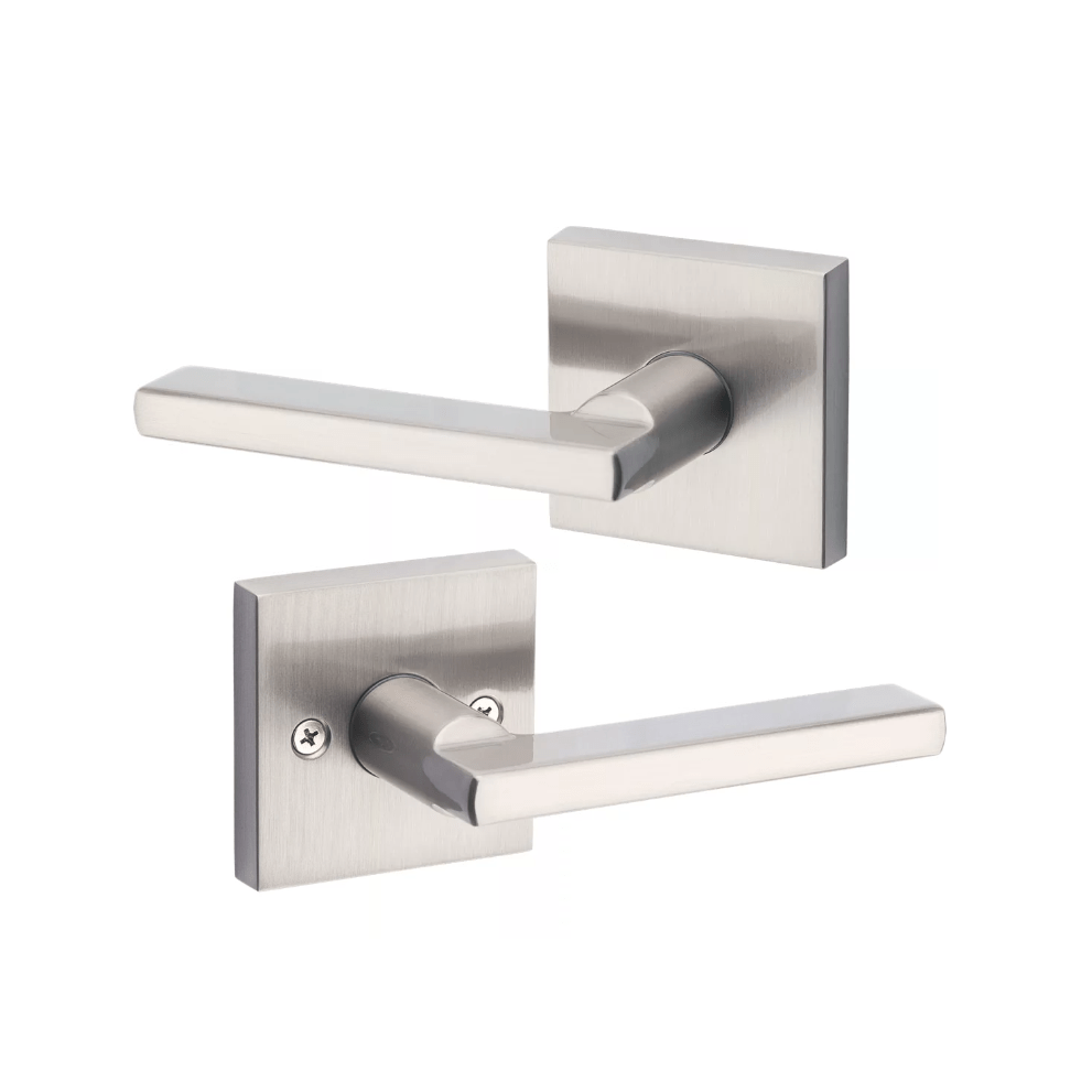 Satin nickel non-locking passage door lever set in Halifax square style, sold individually for residential use.