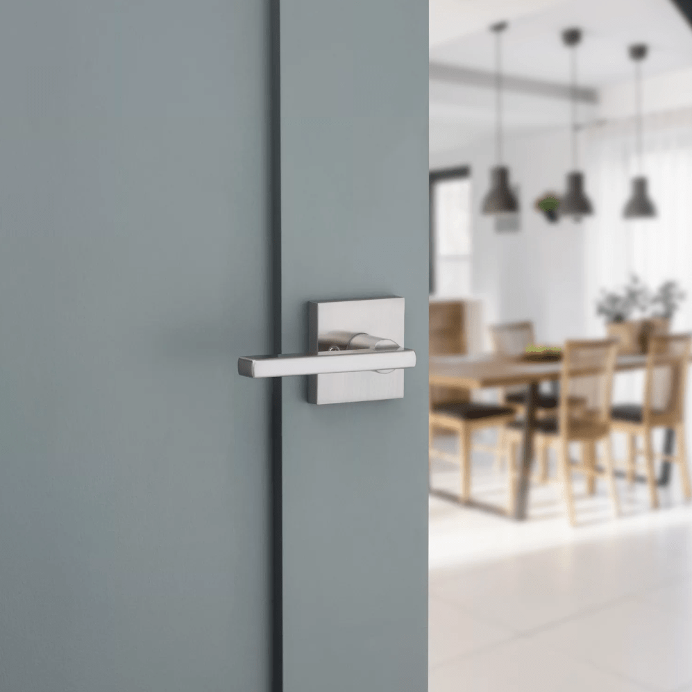 Satin nickel non-locking passage lever door handle in Halifax square style for residential use. Sold individually.