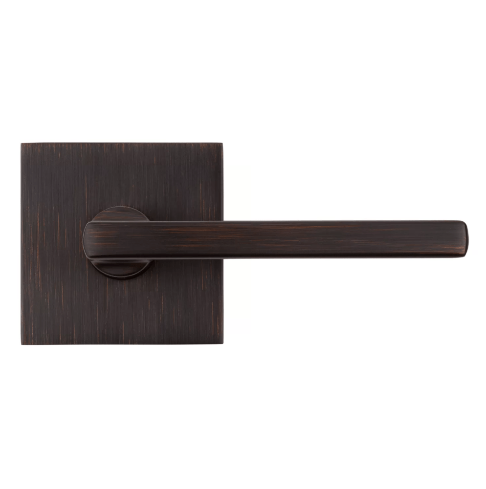 Kwikset Halifax square non-locking passage door lever in a Venetian bronze finish, sold individually for residential use.