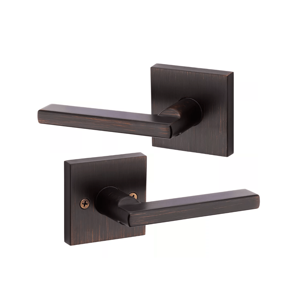 Kwikset Halifax square non-locking passage door lever in venetian bronze finish, sold individually for residential use.