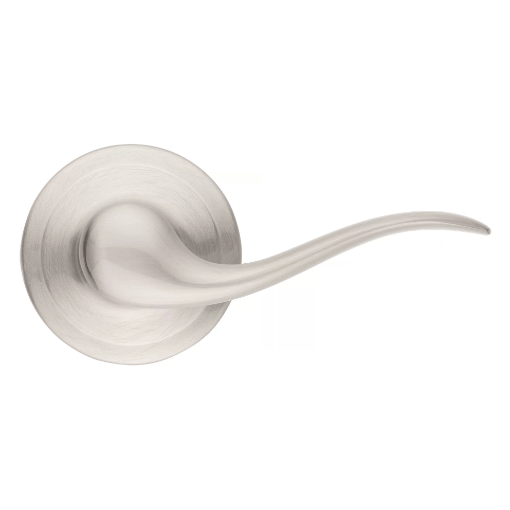 Satin nickel non-locking passage lever door handle in Tustin style with Microban antimicrobial protection.