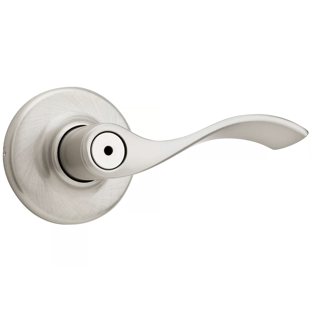 Kwikset Balboa privacy door lever with Microban antimicrobial protection in satin nickel finish, sold individually.