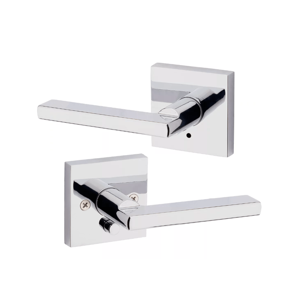Kwikset Halifax square privacy door lever in bright polished chrome finish, sold individually for residential use.