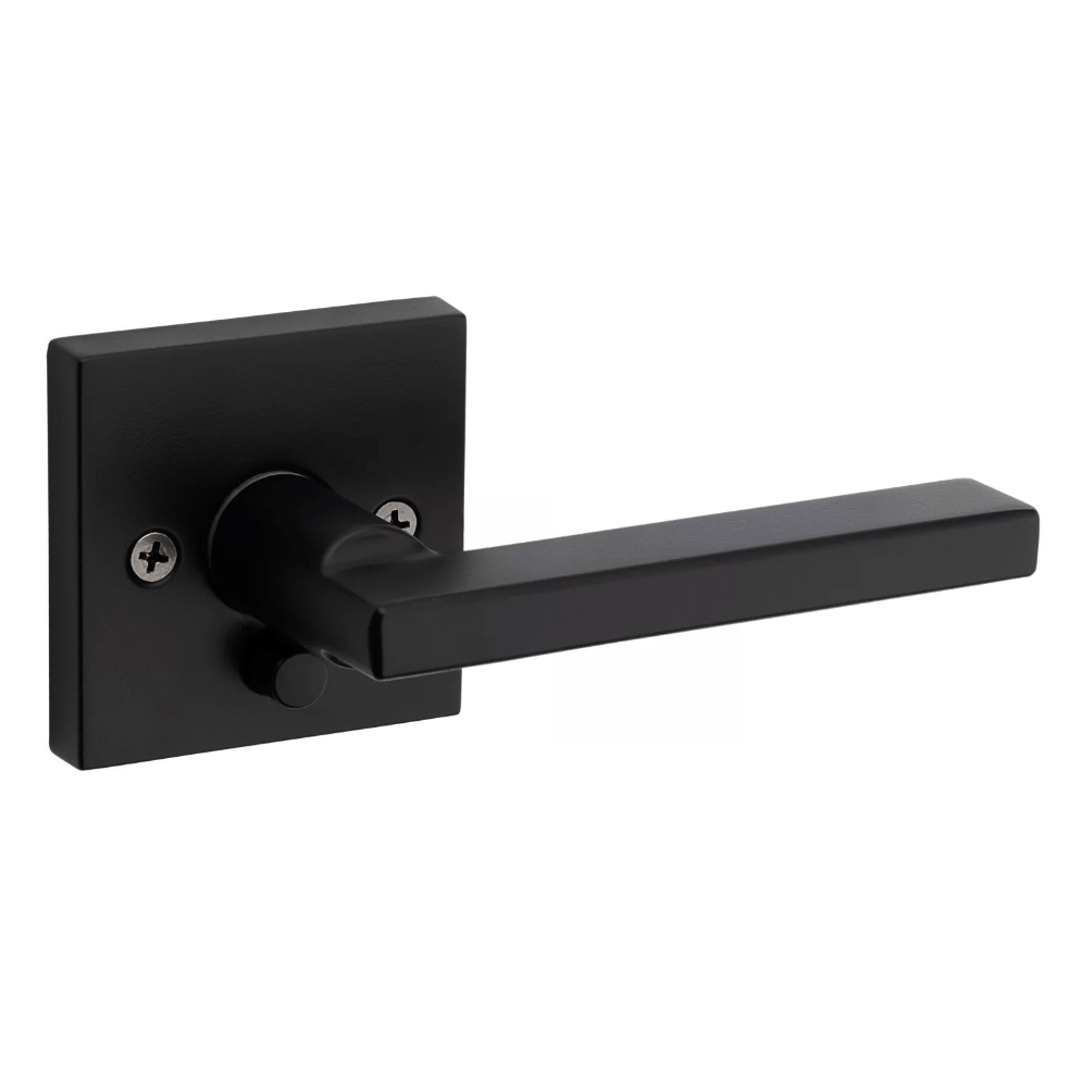 Kwikset Halifax square privacy door lever in iron black finish, designed for residential use, sold individually.