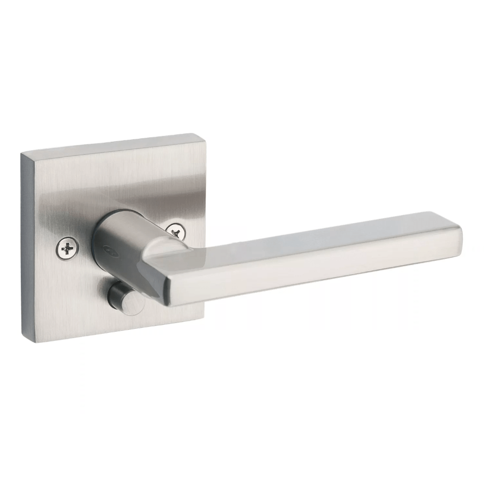 Kwikset Halifax square privacy door lever in satin nickel finish, ideal for residential use, sold individually.