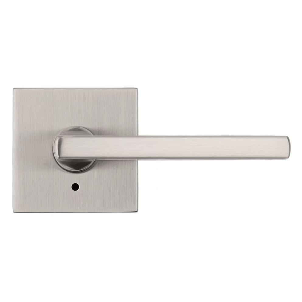 Satin nickel privacy door lever with a square style plate, ideal for residential use, sold individually.