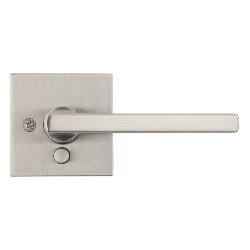 Kwikset Halifax square privacy door lever in satin nickel finish, ideal for residential use, sold individually.