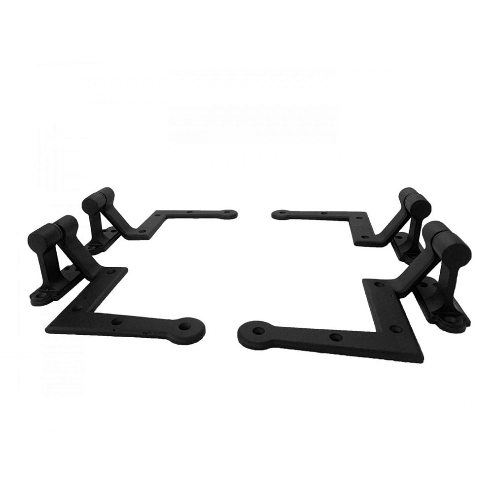 L Style shutter hinges in black powder coat, 2-1/4" offset, sold in sets of 4 for durable residential or commercial use.
