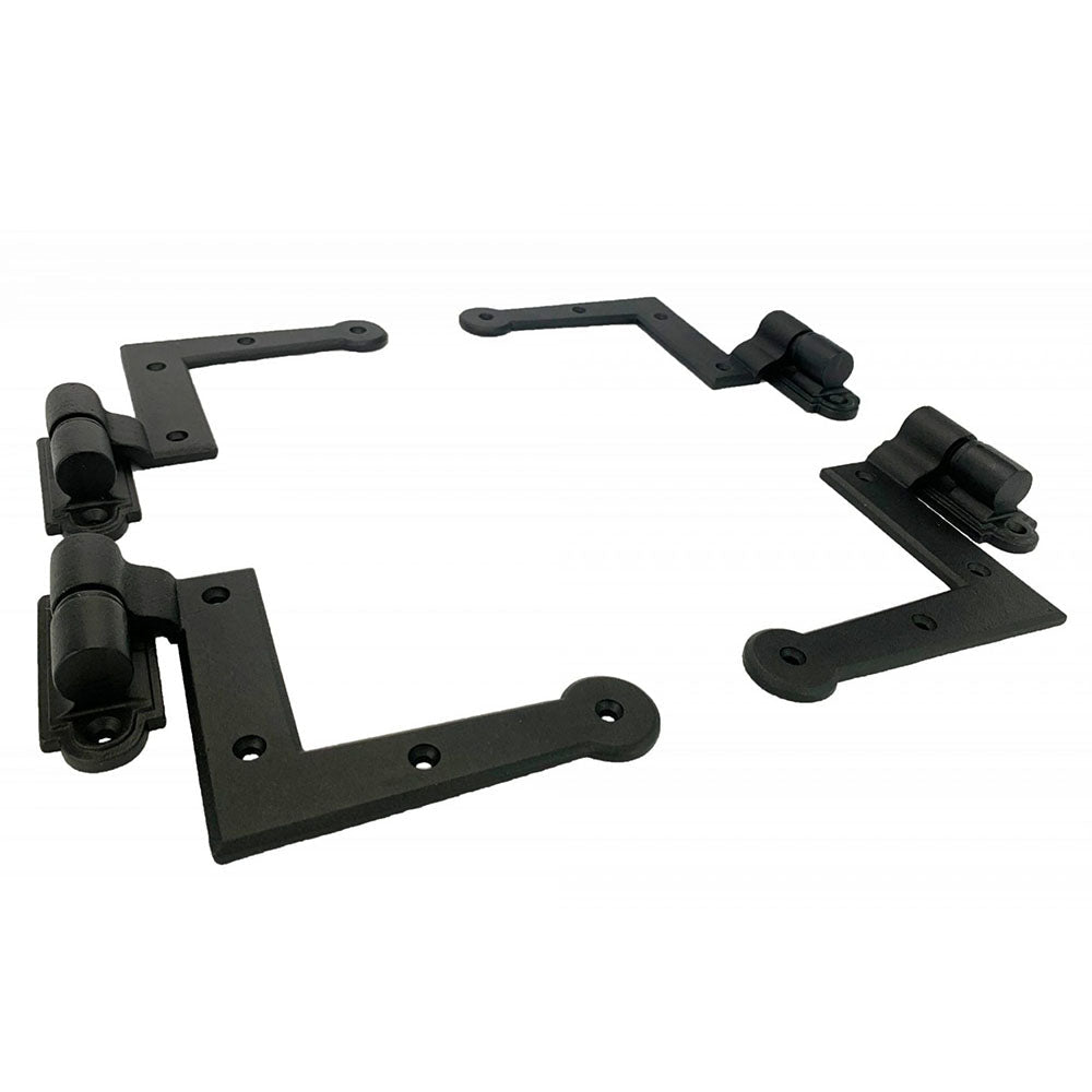 L Style shutter hinges set of four, 3/4 inch offset, cast iron with black powder coat finish for durability.
