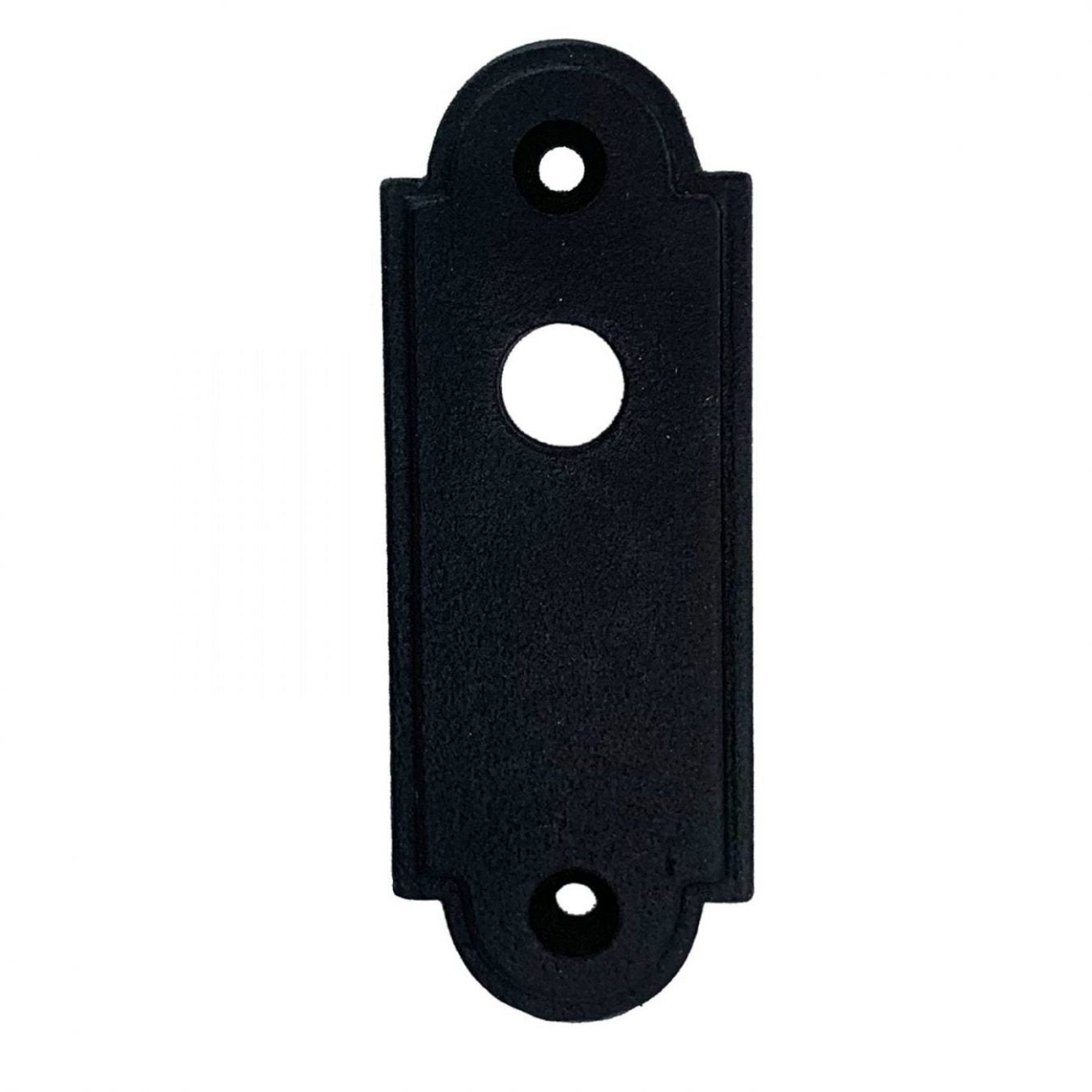 Black powder-coated lag pintle trim plate measuring 3-1/4" x 1-1/4", sold individually for hardware applications.
