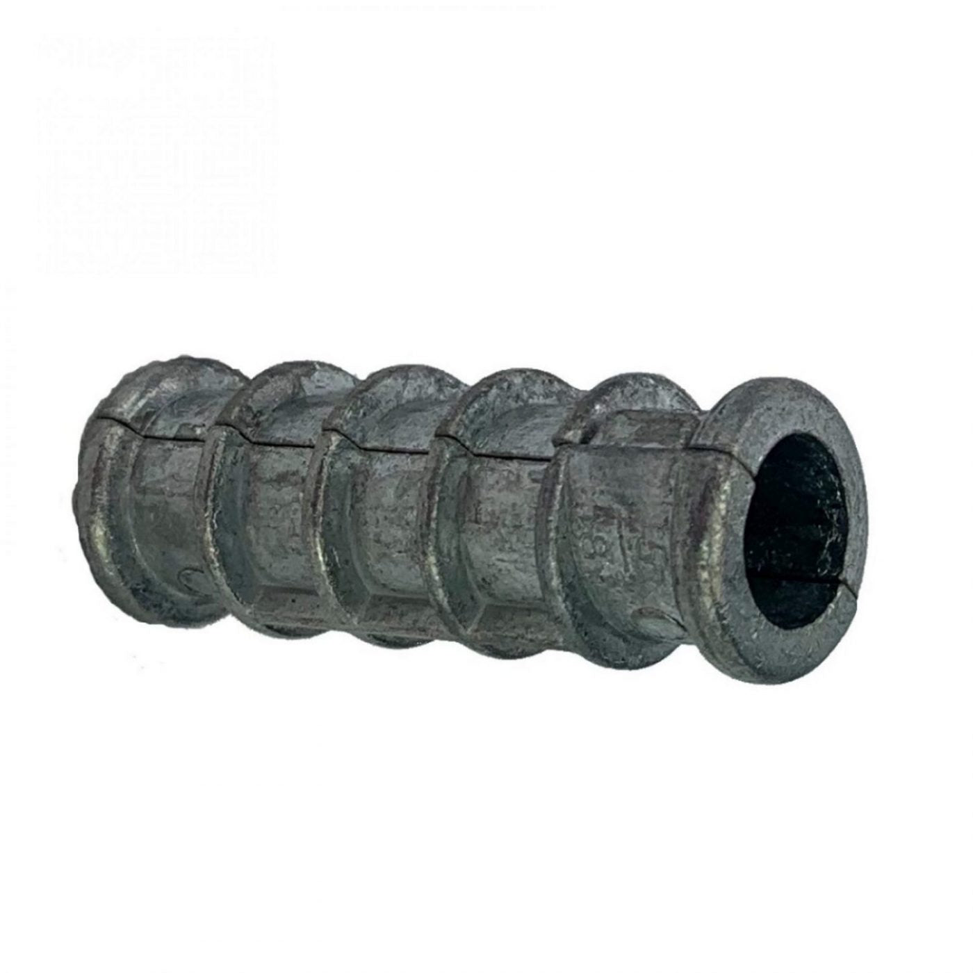 Lag shield anchor for 3/8 inch lag screws, 1-3/4 inch long, made of cast zinc alloy, sold individually.