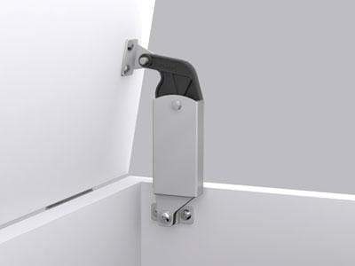 Heavy spring-loaded lid stay for side wall mounting, made of stainless steel, sold individually for secure lid support.