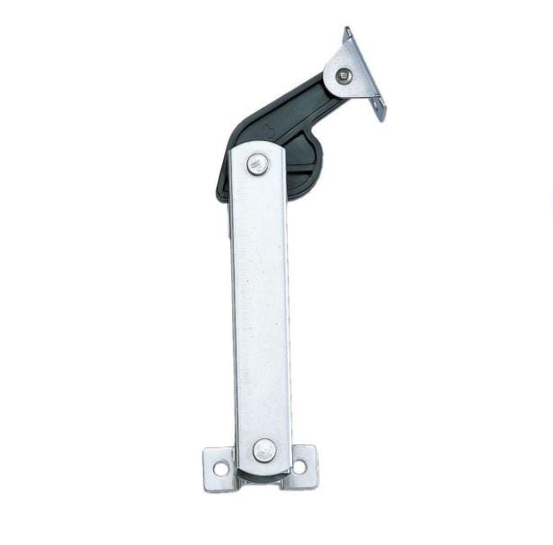 Spring-loaded side-mounted lid stay in stainless steel for light-duty applications, sold individually for easy installation.