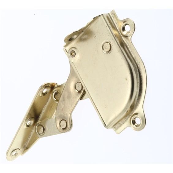 Brass finish lid support hinge in a lift-up scissor design, ideal for cabinets and furniture, sold in a 2 pack.