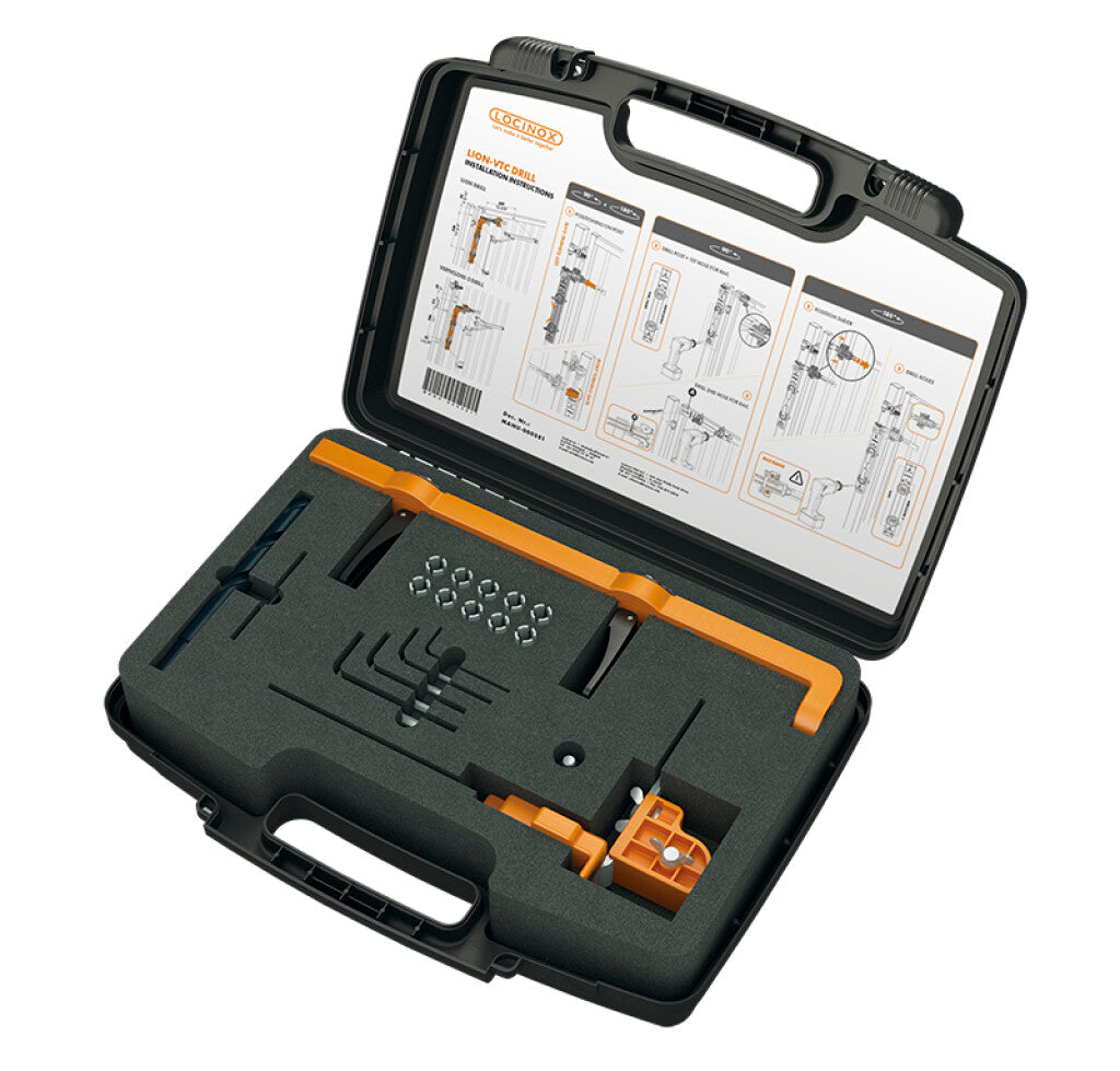 Locinox assembly and drill jig set for Lion and Verticlose-2 gate closers in a protective carrying case with tools and instructions.