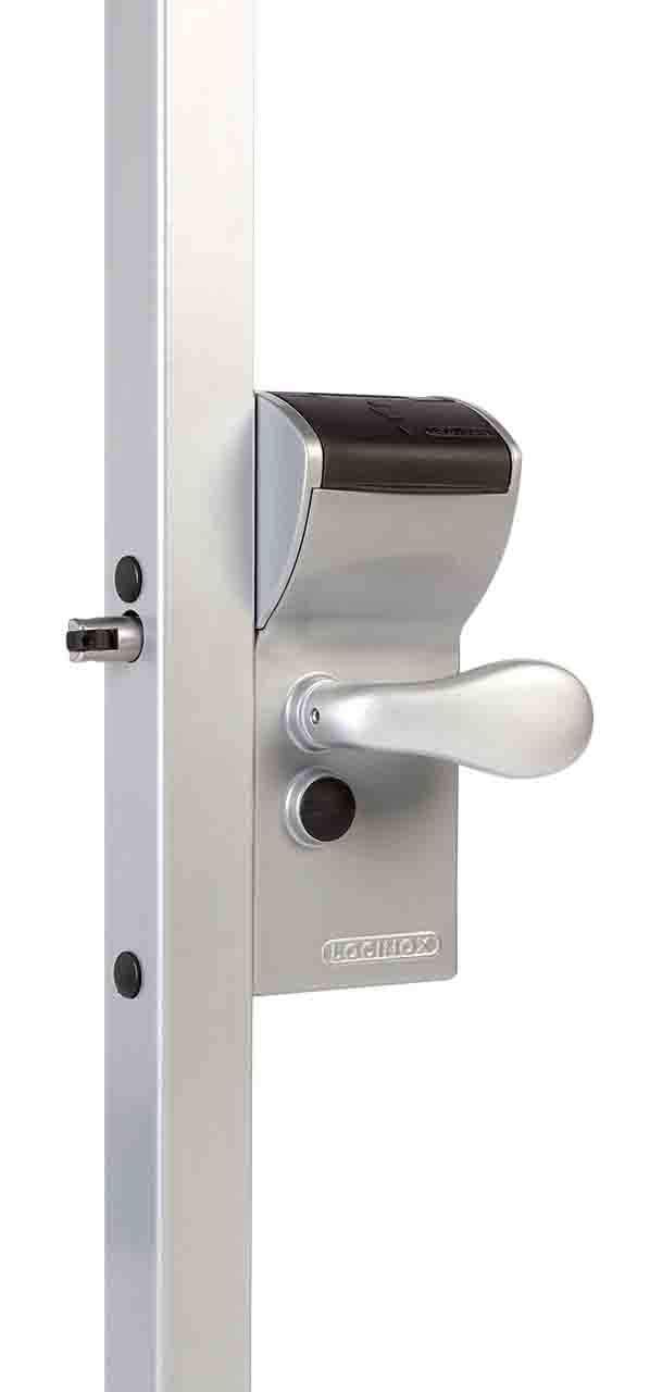 Surface mounted mechanical code lock for gates, compatible with square or flat profiles, available in multiple finishes.