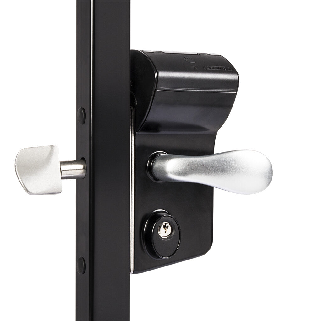 Mechanical code lock for sliding gates, designed for square profiles 2 to 2.5 inches, available in multiple finishes.