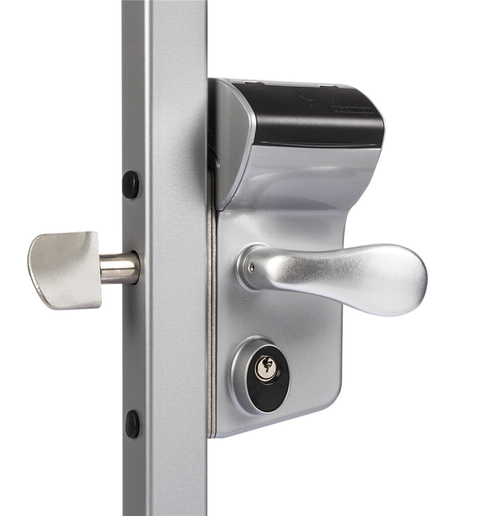 Mechanical code lock for sliding gates, compatible with 2" to 2-1/2" square profiles, available in multiple finishes.
