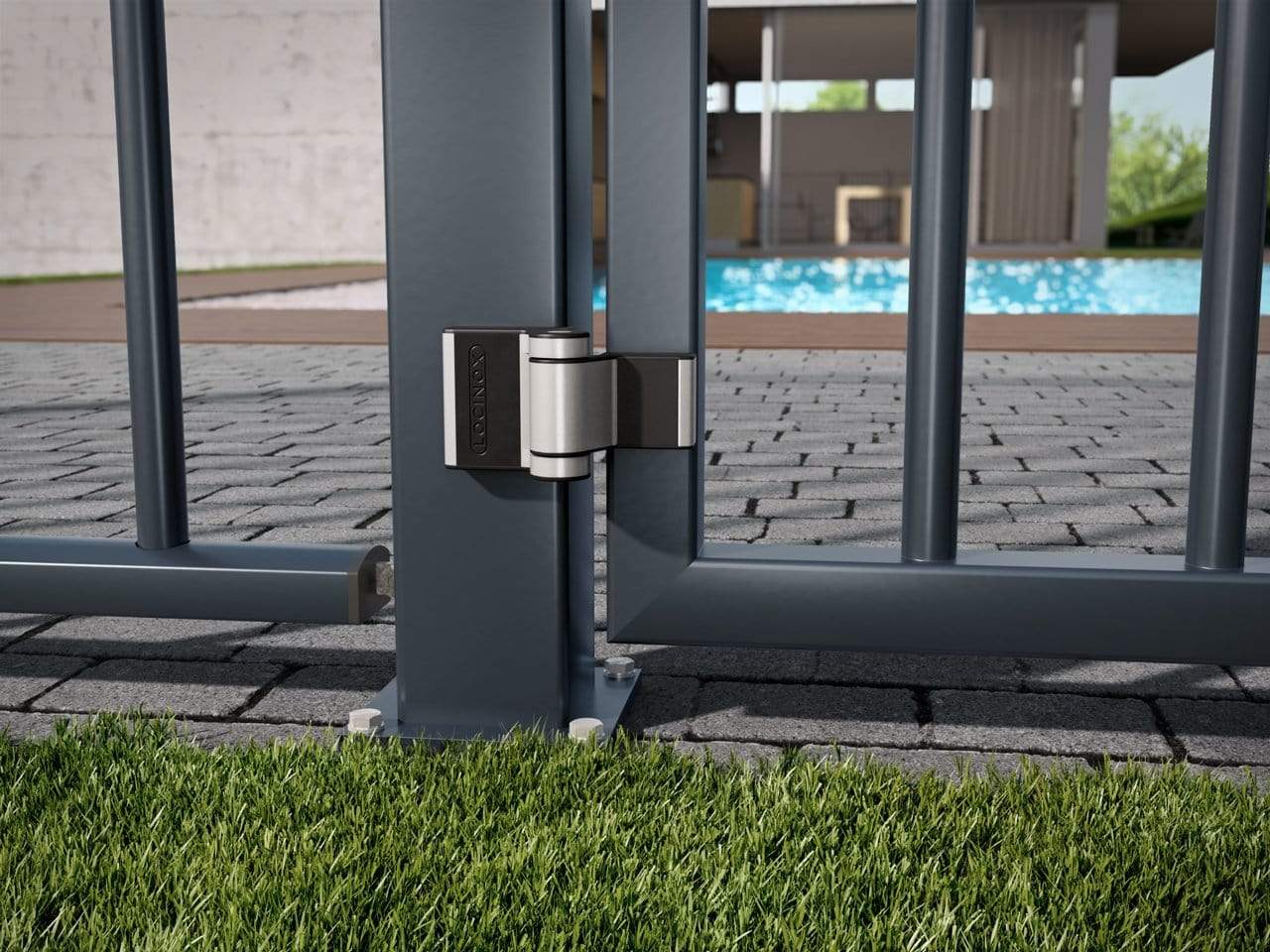 Compact 2-way adjustable surface mounted gate hinges for gates up to 132 lb, available in multiple finishes.