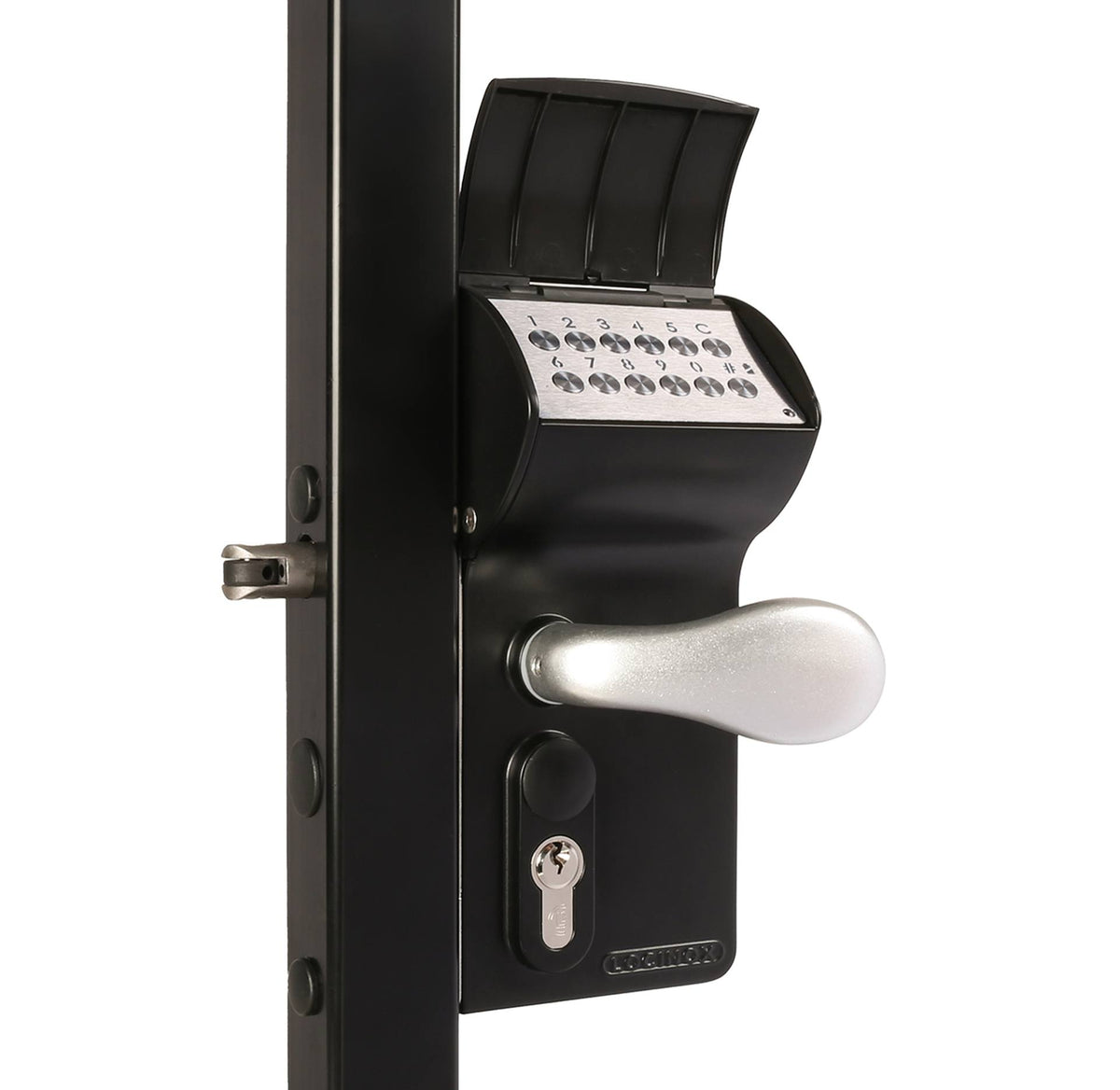 Surface mounted battery-powered code lock for square profiles, featuring a keypad and lever handle, available in multiple finishes.