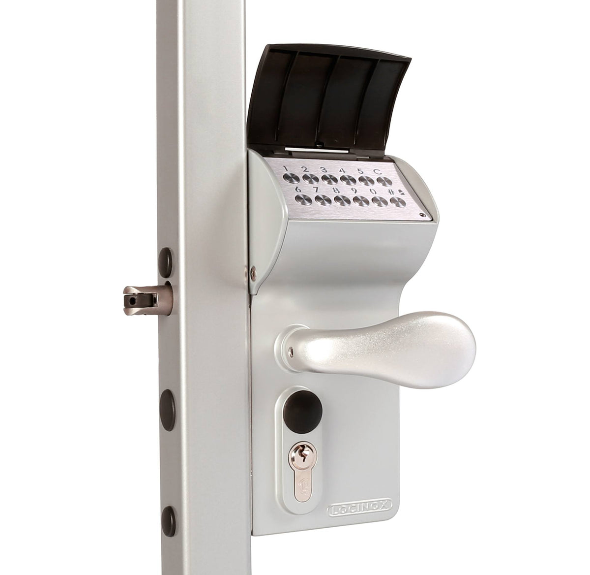 Surface mounted battery-powered code lock for square profiles, available in multiple finishes, ideal for security.