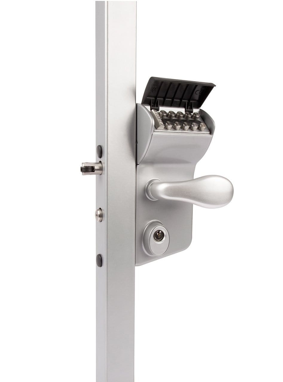 Surface mounted mechanical code lock for gates, compatible with square or flat profiles, available in multiple finishes.
