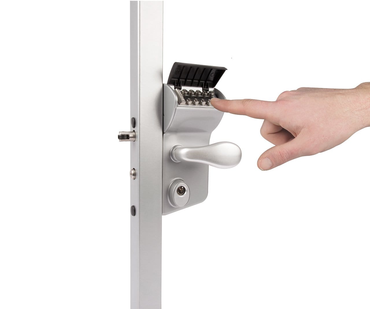 Surface mounted mechanical code lock for gates, compatible with square or flat profiles, featuring a keypad and lever handle.