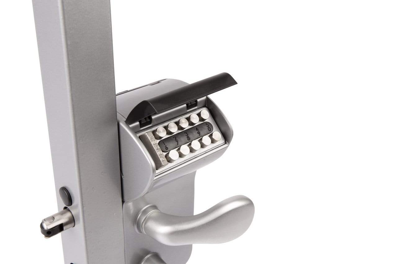 Surface mounted mechanical code lock for gates, compatible with square or flat profiles, available in multiple finishes.