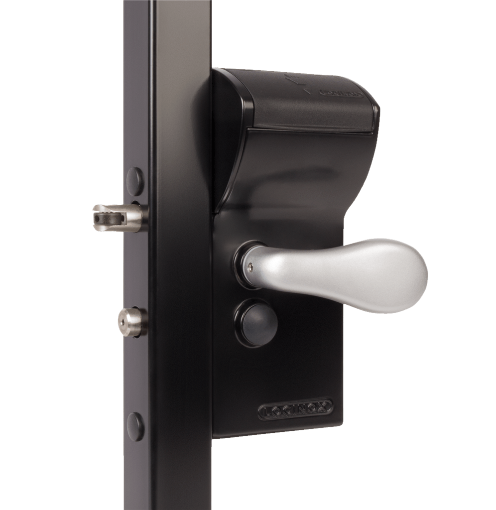 Surface mounted mechanical code lock for gates, compatible with square or flat profiles, available in multiple finishes.