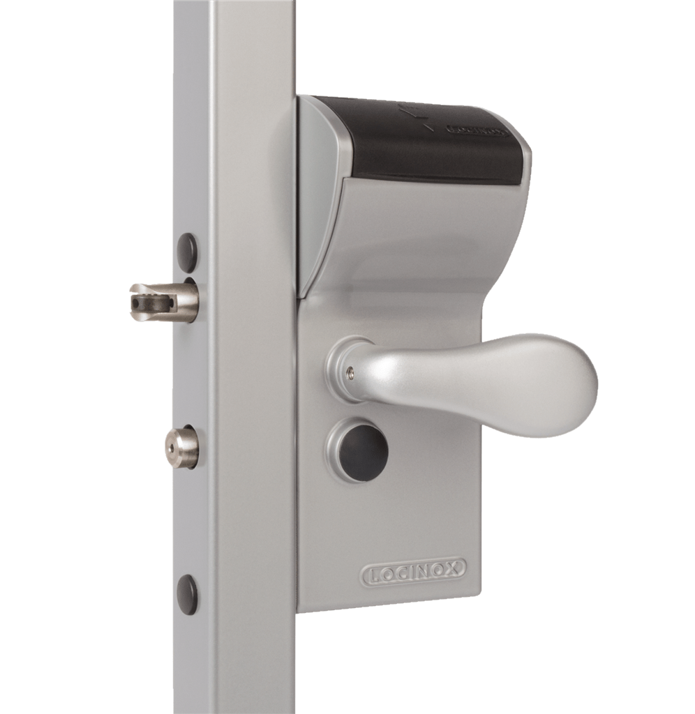Surface mounted mechanical code lock for gates, compatible with square or flat profiles, available in multiple finishes.