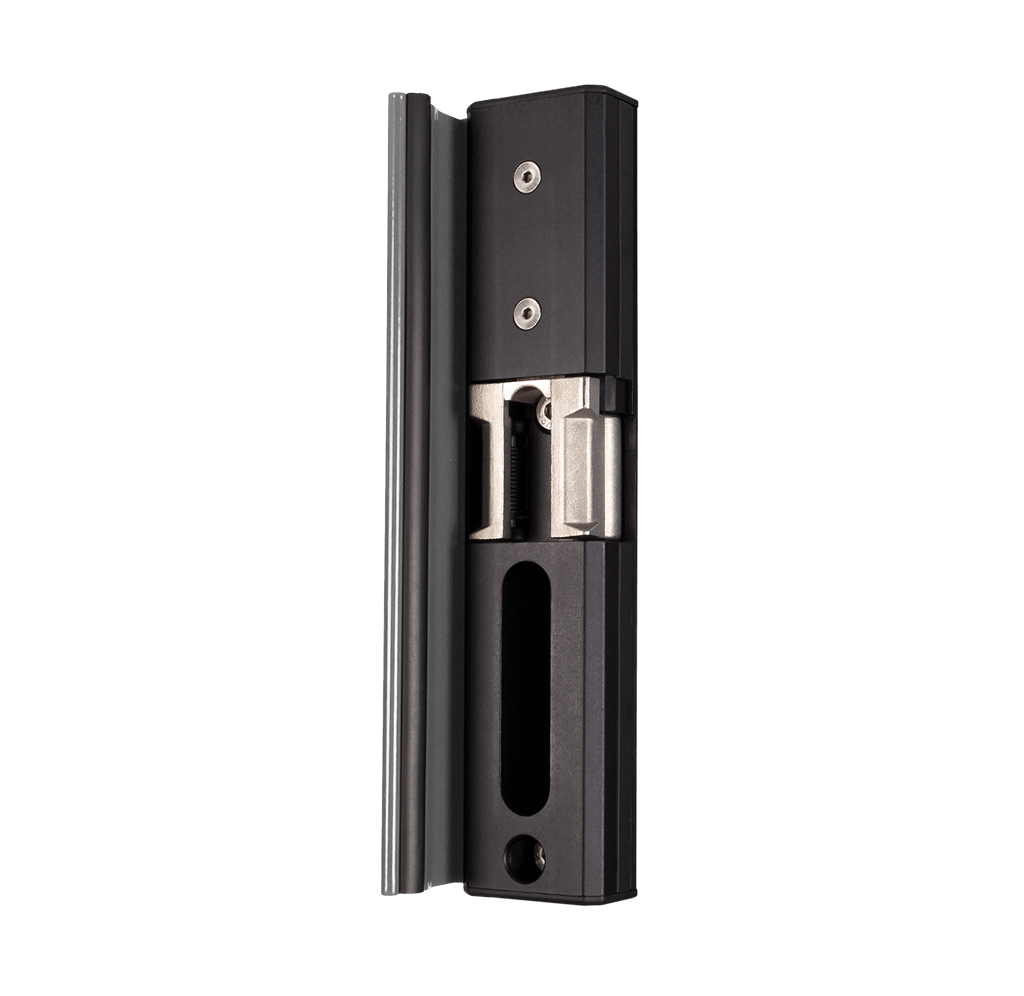 Locinox surface mounted electric strike module for gates, available in fail close and fail open options, multiple finishes.