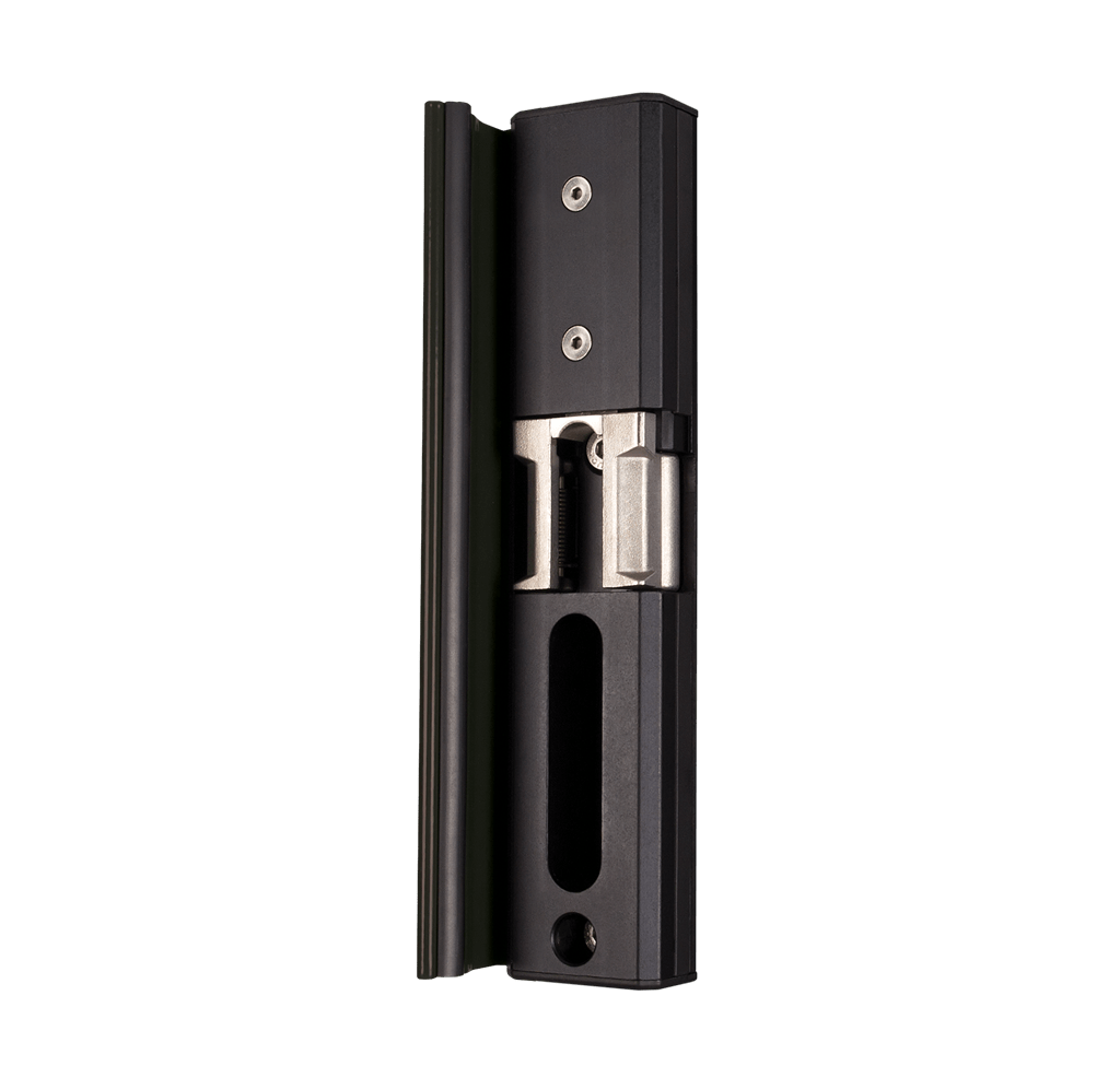 Surface mounted electric strike module for gates, available in fail close and fail open options, multiple finishes.