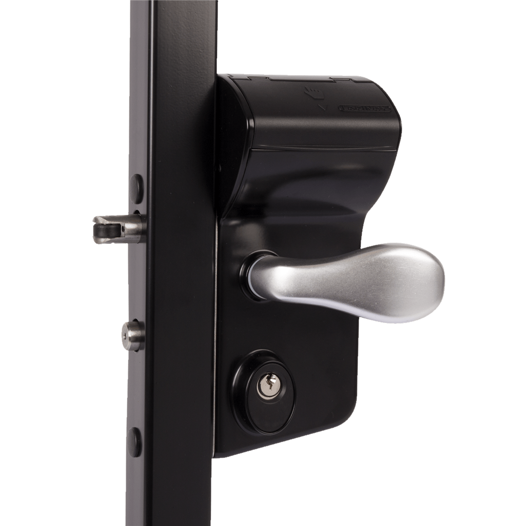 Surface mounted mechanical code lock for gates, compatible with square or flat profiles, available in multiple finishes.