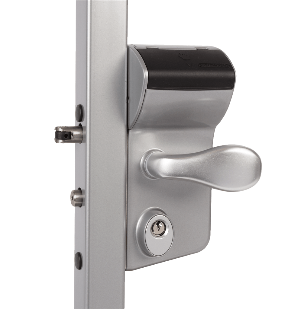 Surface mounted mechanical code lock for gates, designed for square or flat profiles, available in multiple finishes.