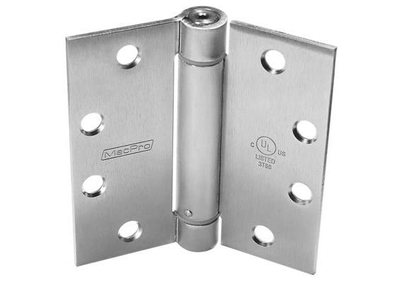 MacPro adjustable spring hinge in satin chrome finish, 4-1/2" x 4-1/2" with square corners, sold individually.