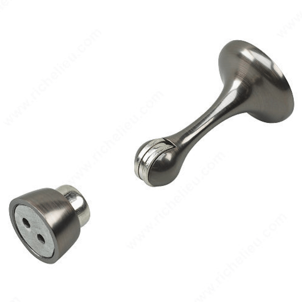 Magnetic door stop with a sleek design, 3 inches in size, available in multiple finishes, sold individually.