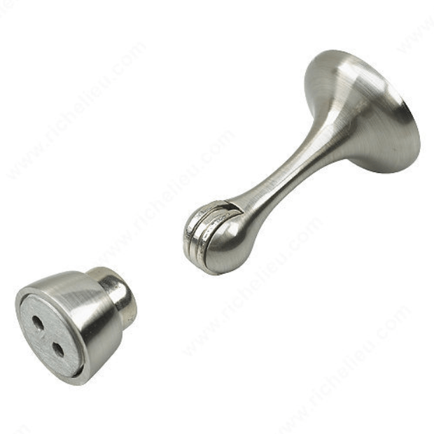 Magnetic door stop with a sleek design, 3 inches long, available in multiple finishes, sold individually.