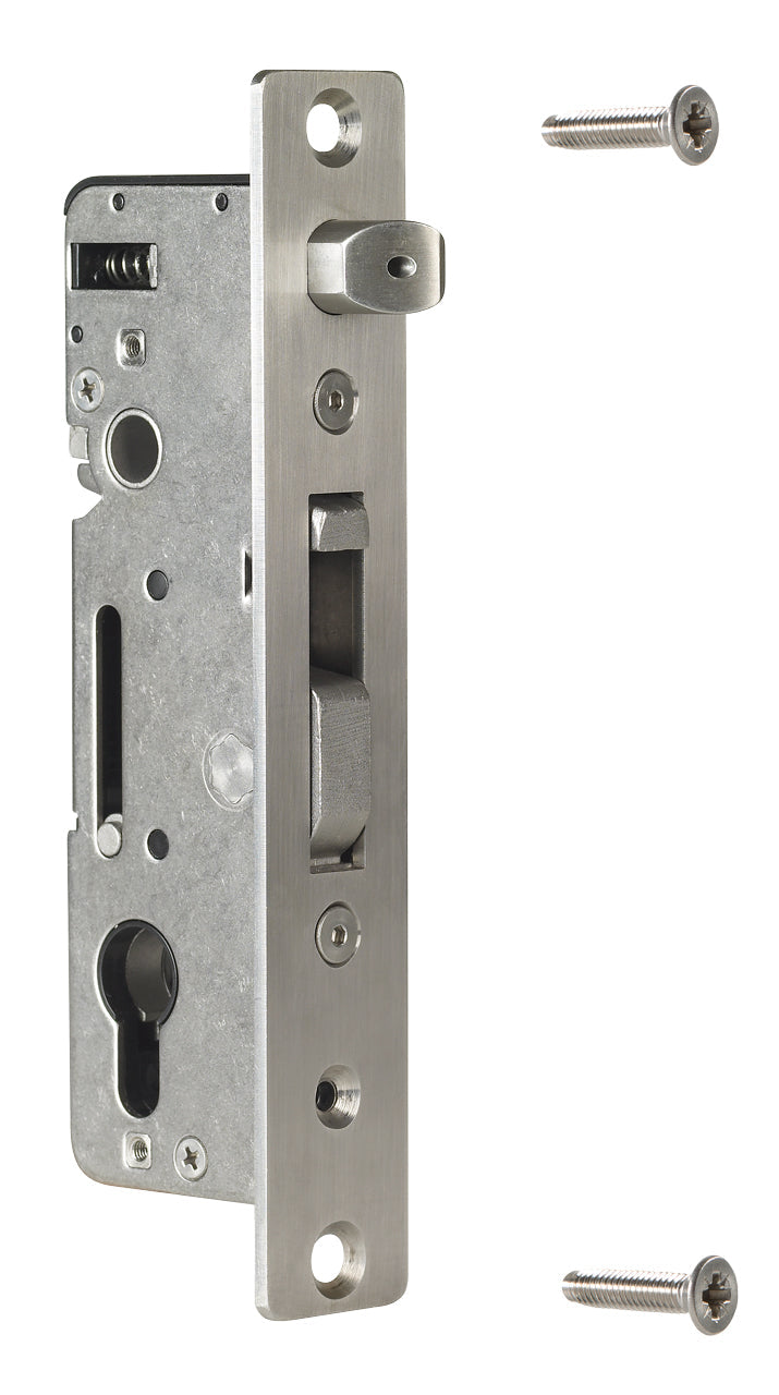 Mortise lock for ornamental gates with a stainless steel finish, includes two screws for installation.