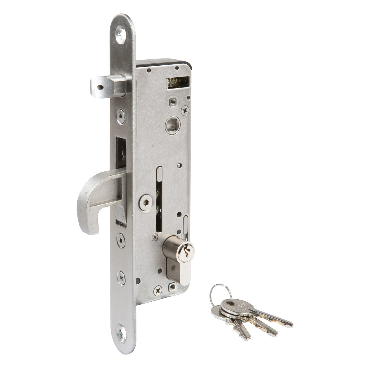 Mortise lock for ornamental gates with a sleek design, includes keys for secure access and installation.