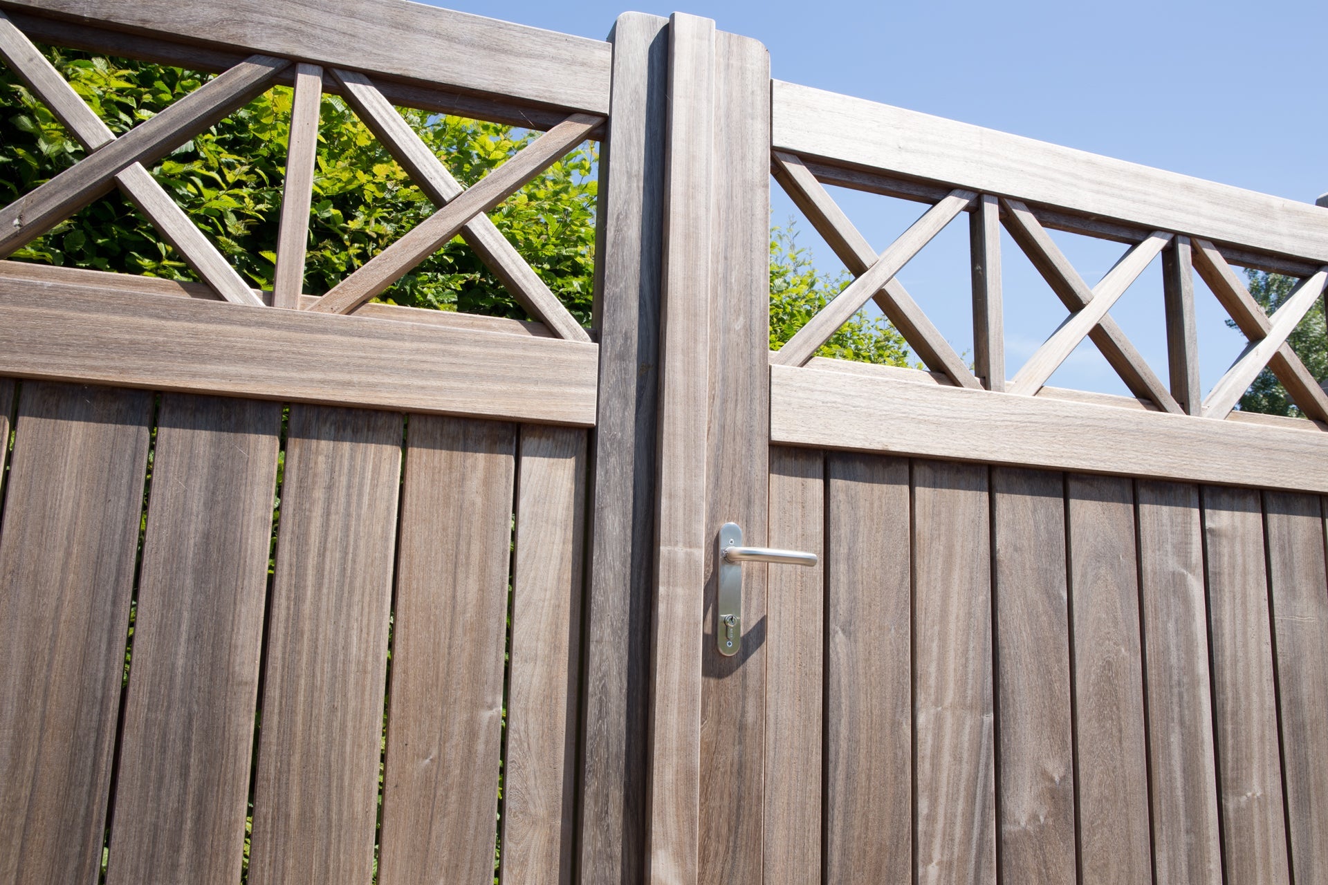 Mortise lock installed on a wooden gate, showcasing a secure locking mechanism for enhanced safety.