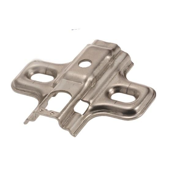 Nickel finish mounting plate for concealed clip-on cabinet hinges, available in various thicknesses and attachment methods.