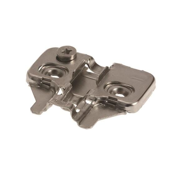 Nickel finish mounting plate for concealed clip-on cabinet hinges, available in various thicknesses and attachment methods.