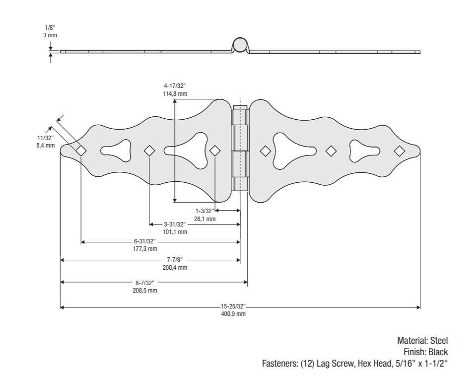 Heavy-duty black decorative strap hinges, 8 inches, 2-pack, ideal for gates and doors with detailed dimensions.